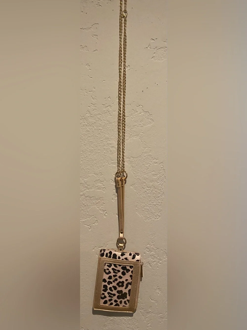 Wristlet Card Holder Wallet on chain. ID window w/ zipper pouch. Leopard & gold.